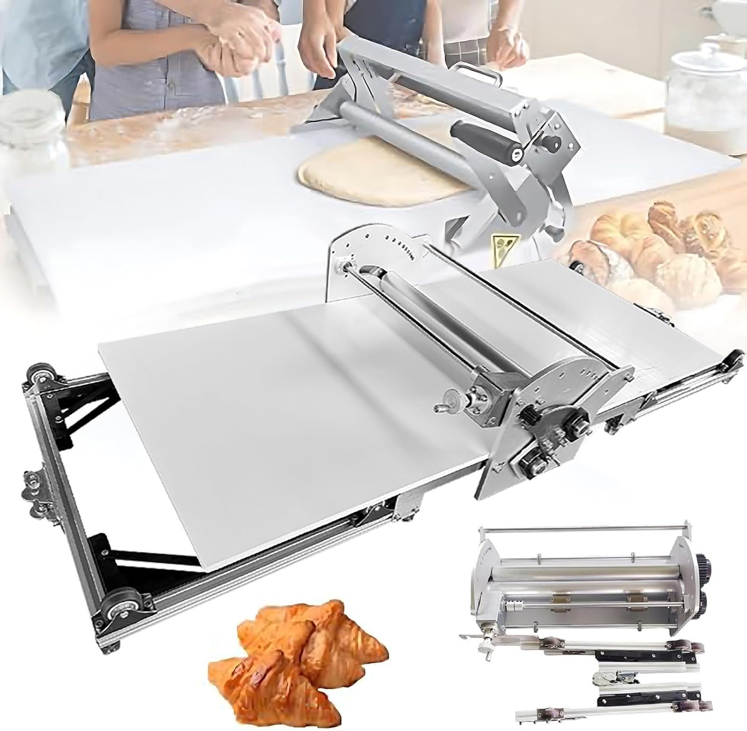 Laminadora de masa eléctrica comercial y doméstica, acero inoxidable | 40x17,7'', espesor ajustable de 2-30 mm, for panadería, croissant, hojaldre, pizza y masa de tarta