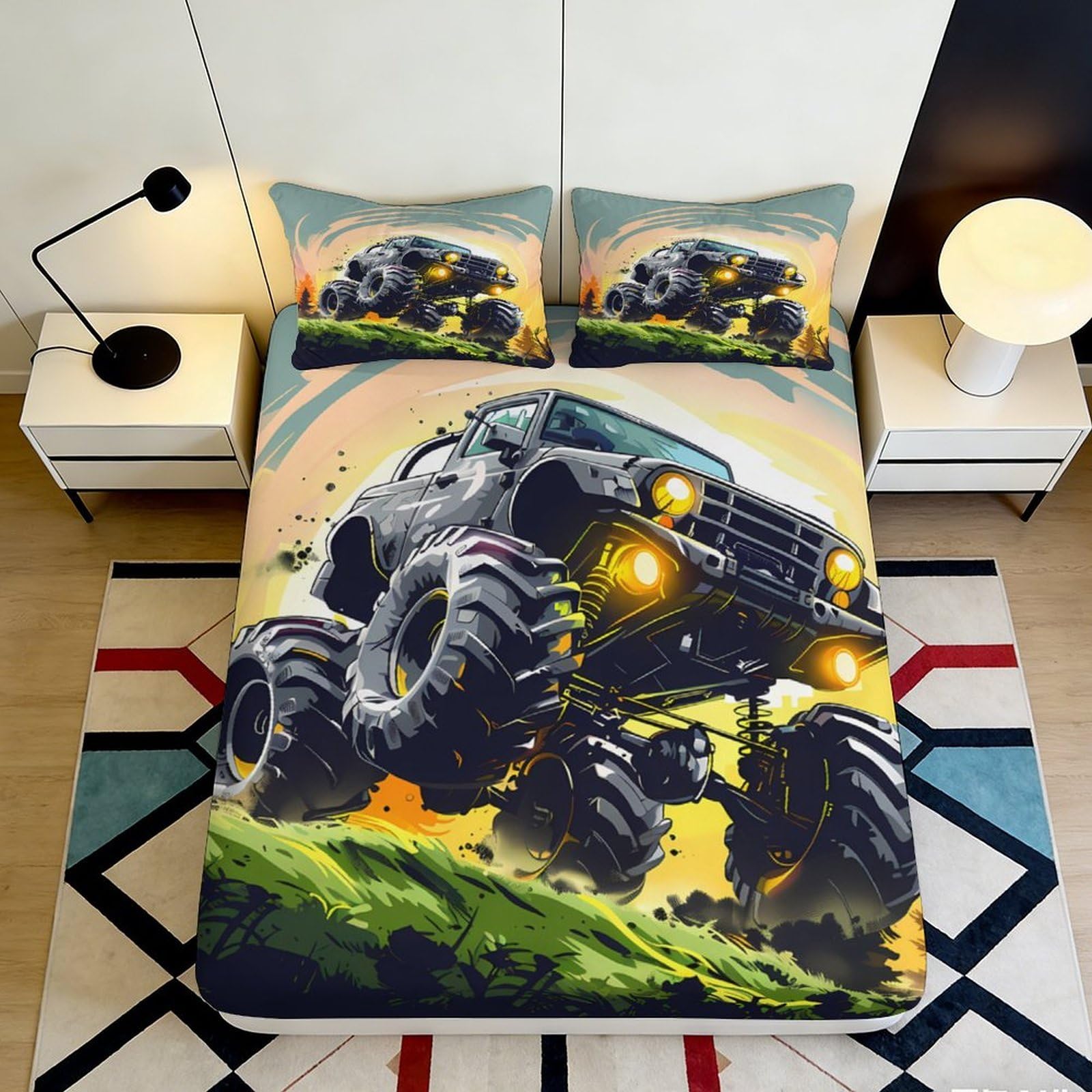 3D Printed Monster Truck Fitted Sheet Microfiber Durable Bed Cover for Bedroom Dorm Mattress Protection Decor 90x200x25cm