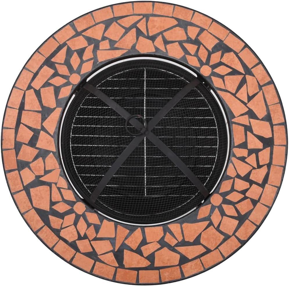 Multifunctional Fire Pit Table, Patio Decorative Table, Round Table for Camping, Outdoor Heating, Campfire and Picnic,Mosaic Fire Pit Table Terracotta 26.8" Ceramic
