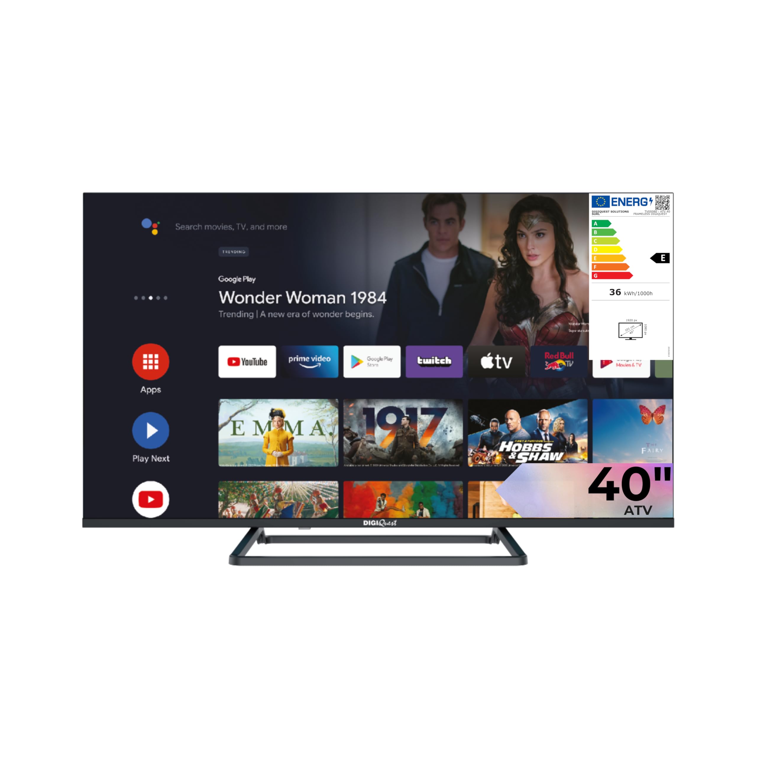 DIGIQUEST Smart TV 40", bezramowy, Full HD, Android Google TV, Wi-Fi, LCN Tivùsat, podwójny tuner, Mediaplayer, funkcja CEC, centralna podstawa, czarny [klasa efektywności energetycznej E]