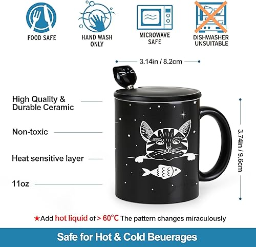 Miniatura 3 de Taza de café con diseño de gato que cambia de color de 11 onzas  The Fish is Delicious  Taza de gato de Halloween con tapa negra y cuchara para