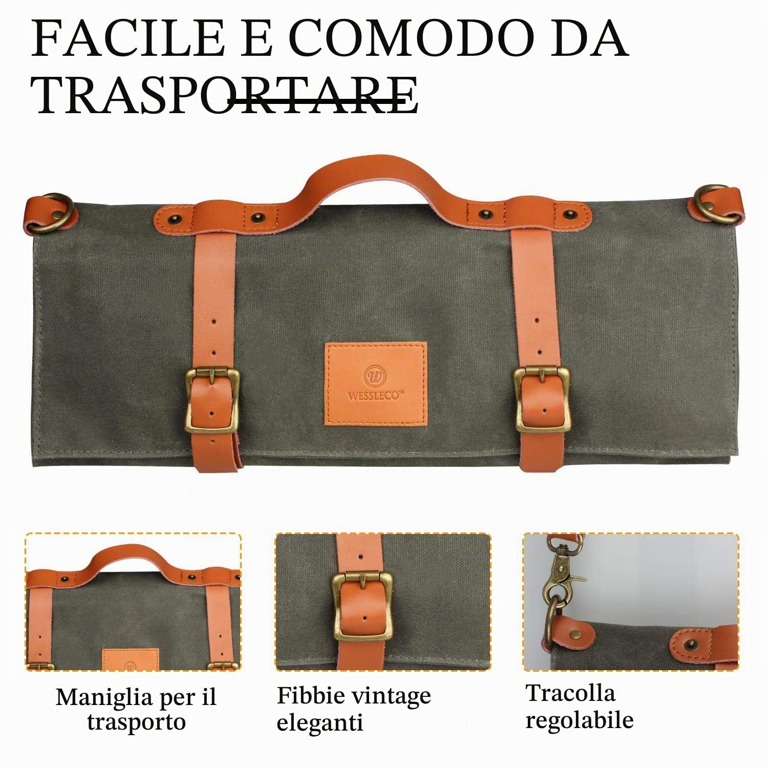 FIREDOG Borsa arrotolabile per coltello (10 tasche), in tela cerata per chef, custodia per trasporto, con manico e tracolla (coltelli non inclusi), Verde, Classico