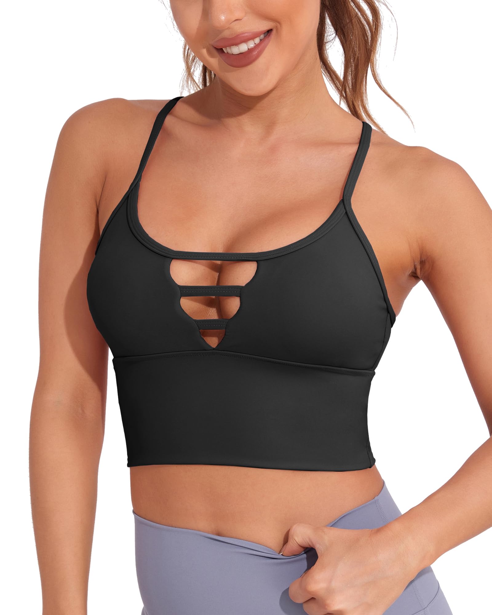 AngiMelo Longline Sport Bra for Women Camisole Workout Yoga Crop Top Strappy Padded Fitness Tank Shirts