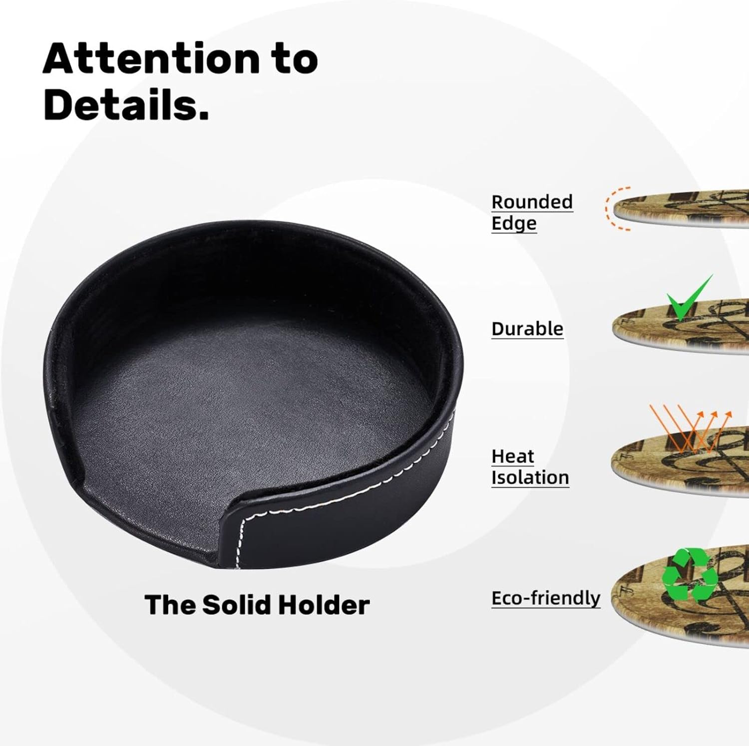 Famame 6 Pcs Leather Coasters for Drinks with Holder Grunge Retro Piano Music Notes Coaster Sets Drink Table Cup Coasters for Living Room Kitchen Coffee Decor - Image 6