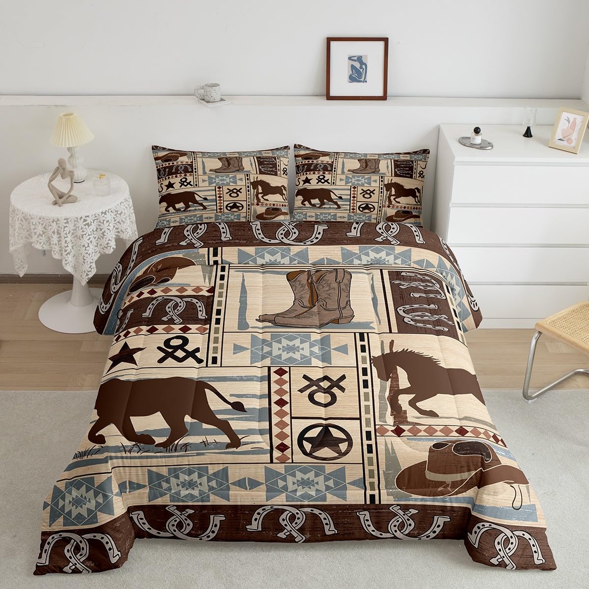 Boho West Cowboy Bedding Set Horseshoe Comforter Set for Kids Boys Girls Children Rodeo Cowboy Style Comforter Rural Country Farmhouse Duvet Set Queen