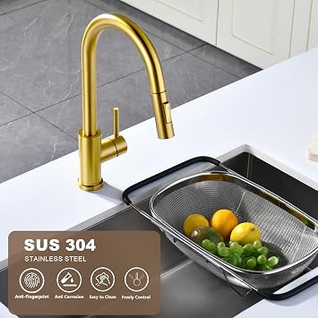 Tohlar Gold Kitchen Faucets with Pull-Down Sprayer, Modern Kitchen Sink Faucet Stainless Steel Single Handle Kitchen Faucet with Deck Plate, Brushed Gold