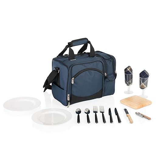 PICNIC TIME Malibu Cooler Picnic Basket, Insulated Cooler Tote with Picnic Set, (Navy Blue with Black Accents)