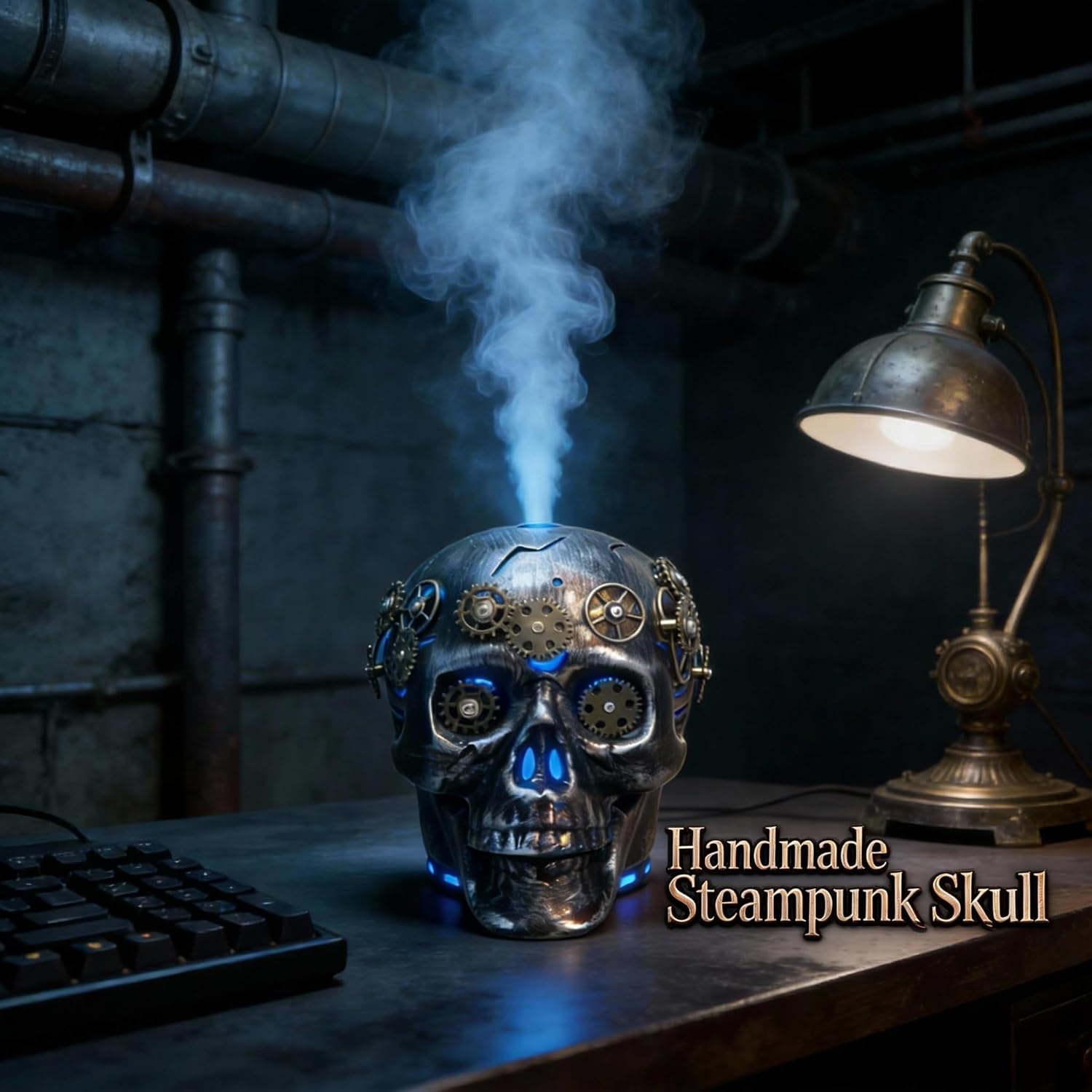 200ML Dark Gothic Steampunk Skull Ceramic Essential Oil Diffuser Day of The Dead Halloween Decor 7 LED Colors USB Powered Cool Mist Humidifier with Waterless Shut - Off for Home Decor Aromatherapy