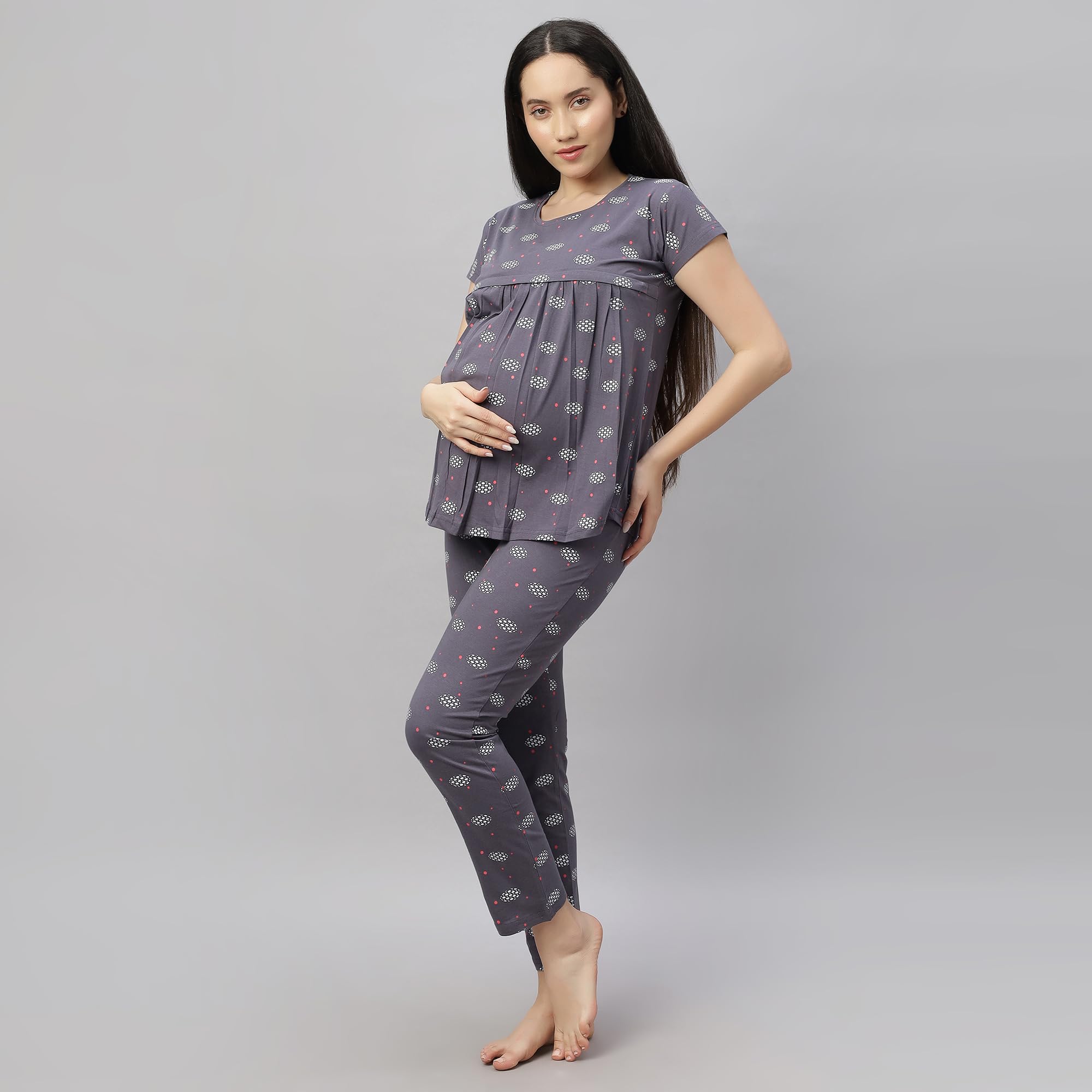 DZZO New Women's Cotton Printed Maternity Night Suit | Comfortable Feeding Night Dress | Soft & Breathable Nursing Pajama Set | Color - Grey, Size - M - Image 2 thumbnail
