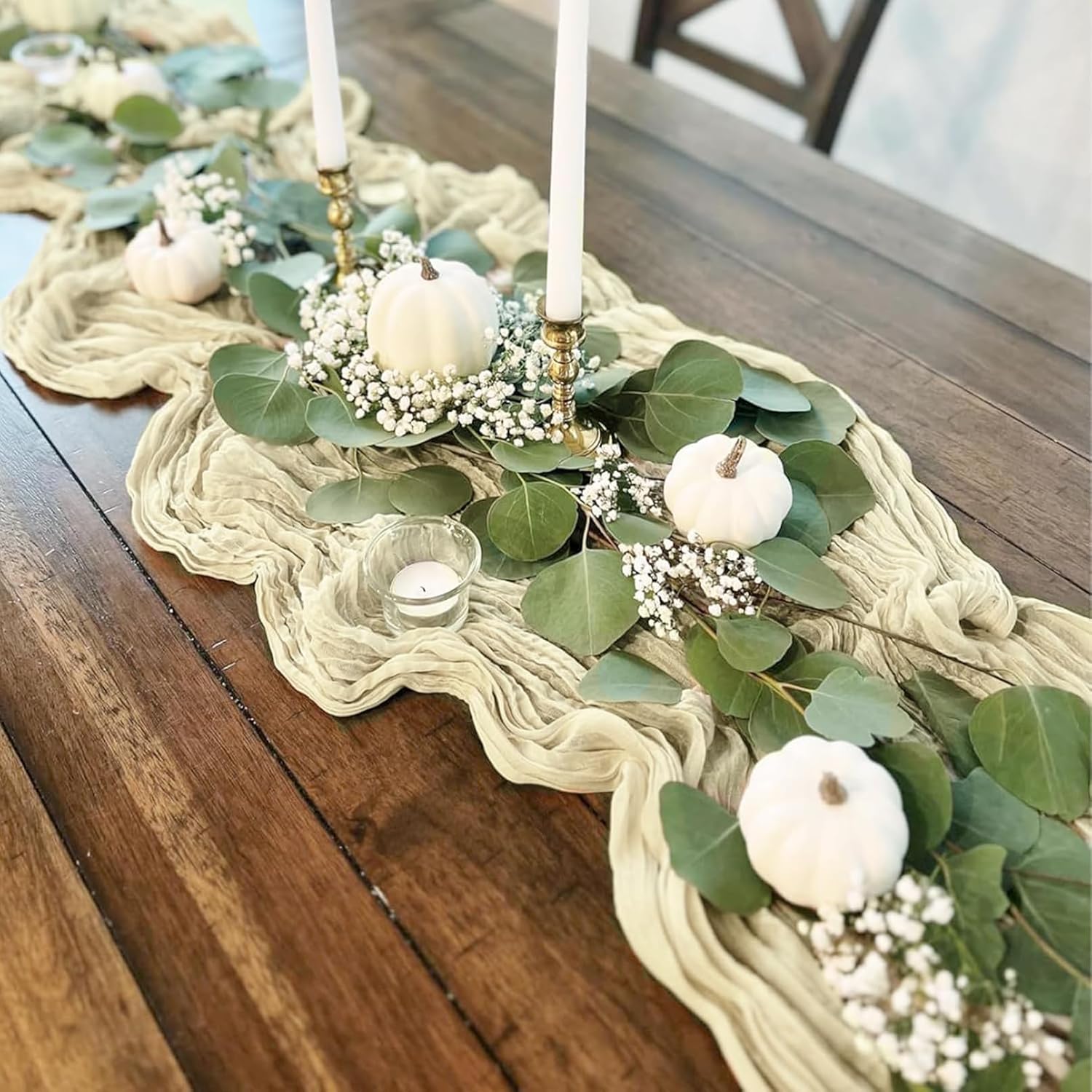 12 Pack Beige Cheesecloth Table Runners 35 x 120 Inch Rustic Boho Gauze Christmas Table Runner for Wedding Arch, Party Decoration, Bridal Shower, Reception, Farmhouse Dining Decor