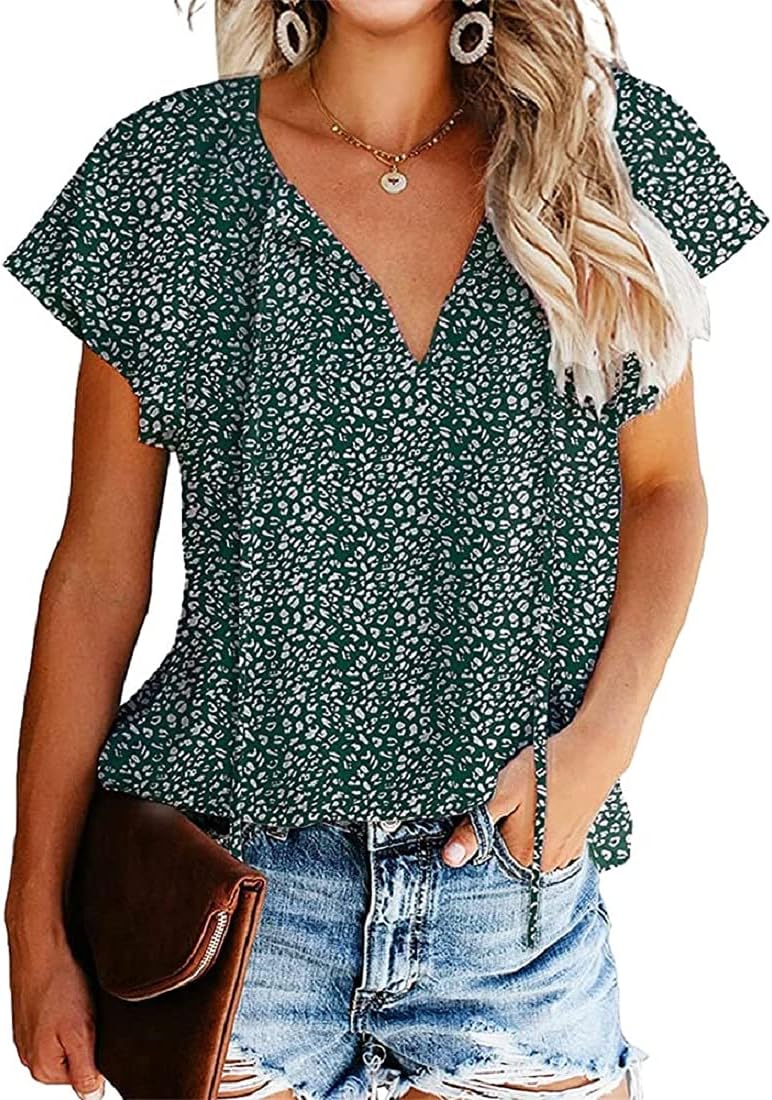 Women's Short Sleeve Casual Shirts Boho Floral Print V Neck Tops Loose Blouses