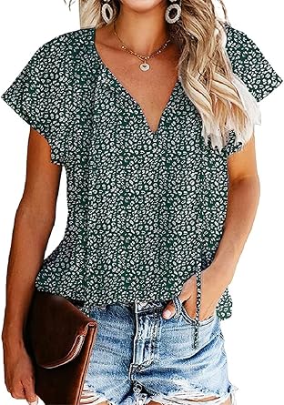 Womens Short Sleeve Casual Shirts Boho Floral Print V Neck Tops Loose Blouses