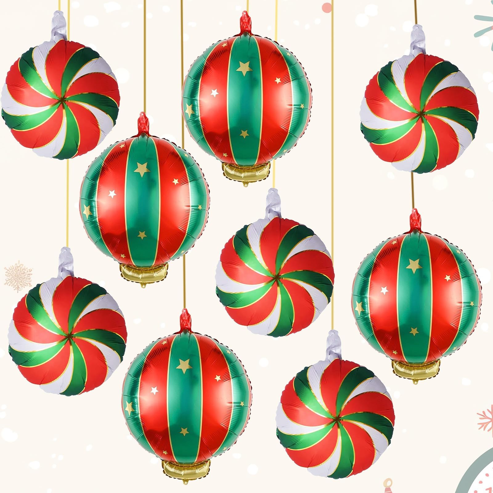 Weihnachten Folienballons Set, 9 Stück Groß Weihnachts Deko Süßigkeiten Hängende Weihnachtskugel Helium Ballons, Rot Grün Gold Weihnachtsdeko Bonbon Candy Luftballons für Christmas Party Dekoration