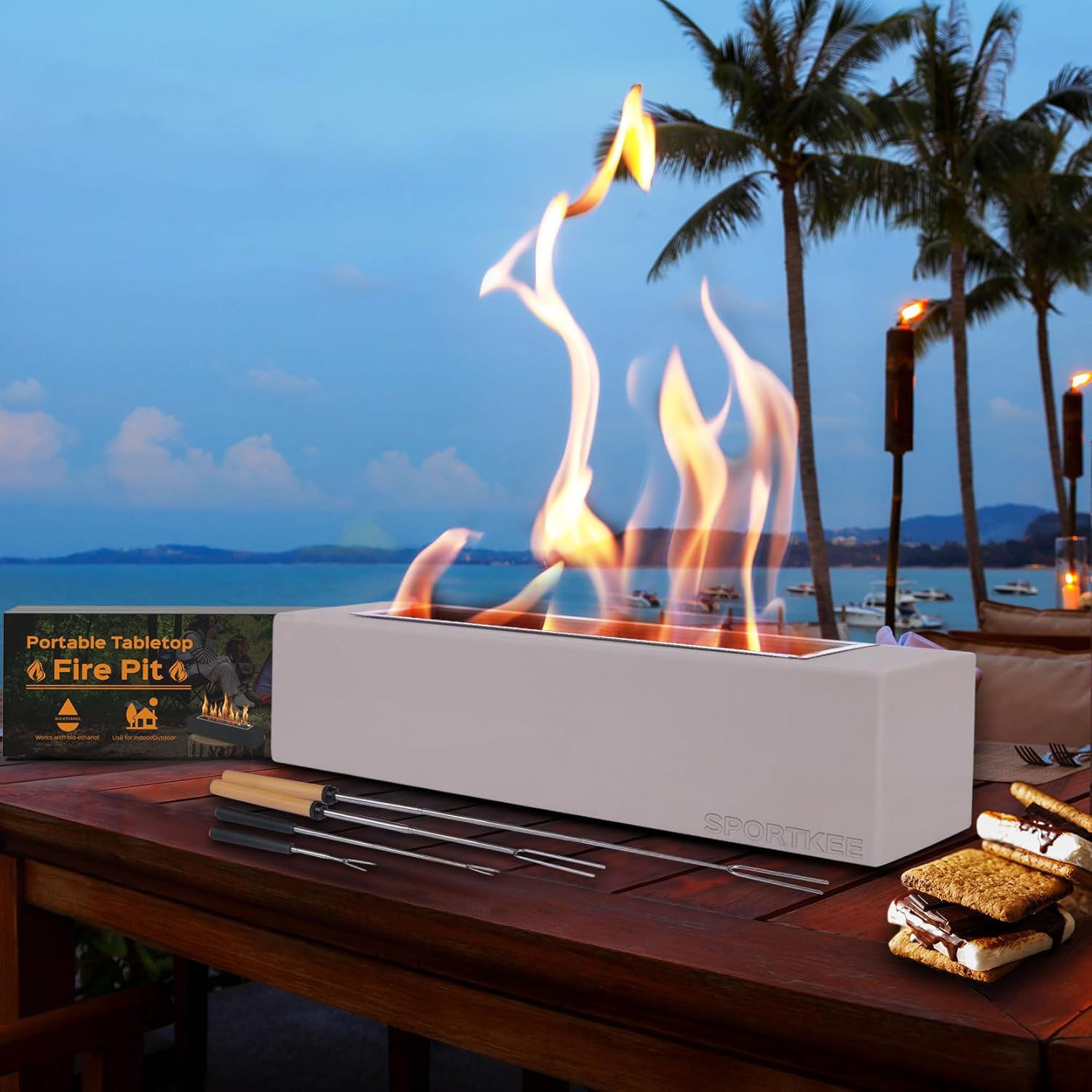 Tabletop Fire Pit, Indoor Outdoor Fire Pit Table Top with 4 Extendable Smores