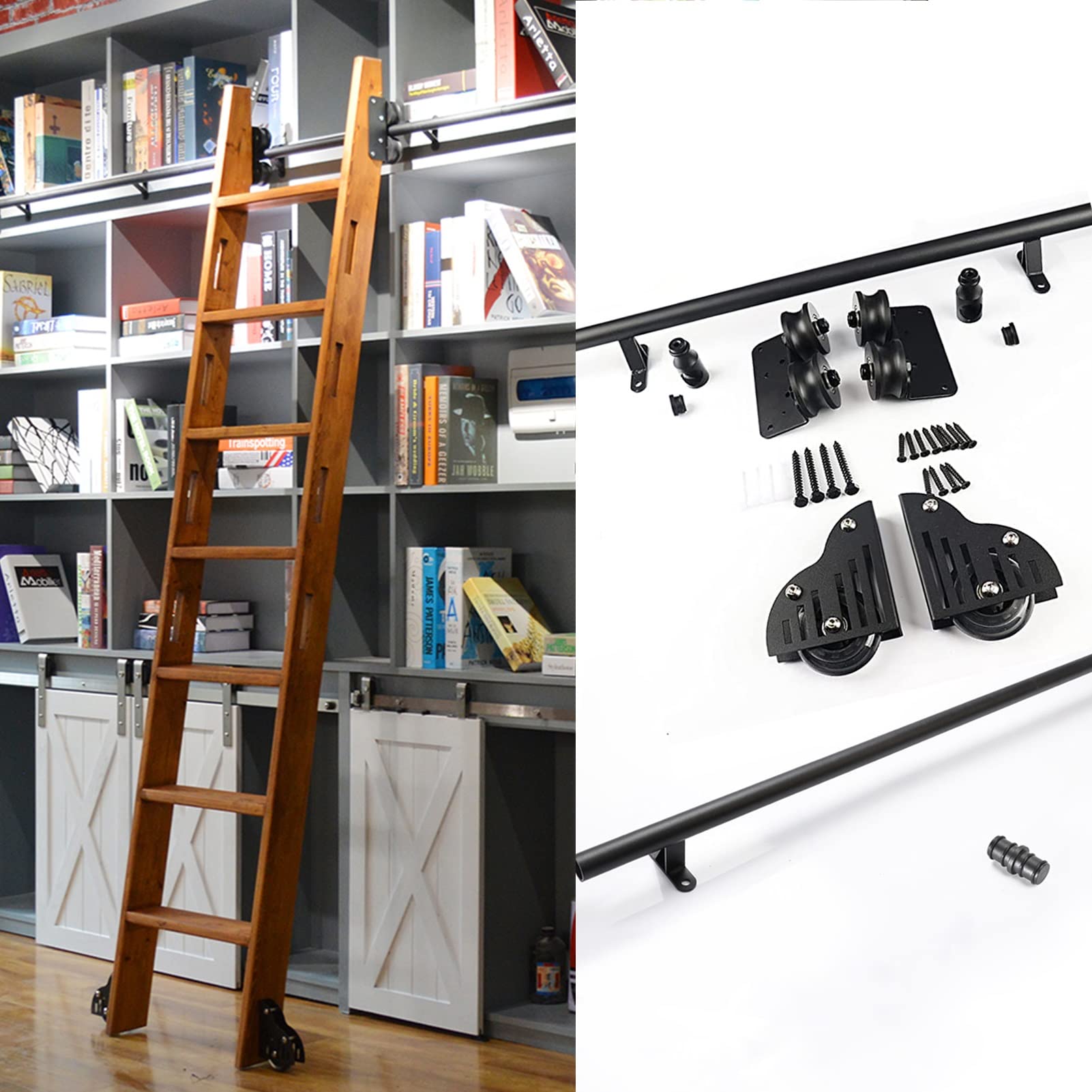 Rail d'échelle mobile de bibliothèque en acier noir avec kit de porte coulissante premium