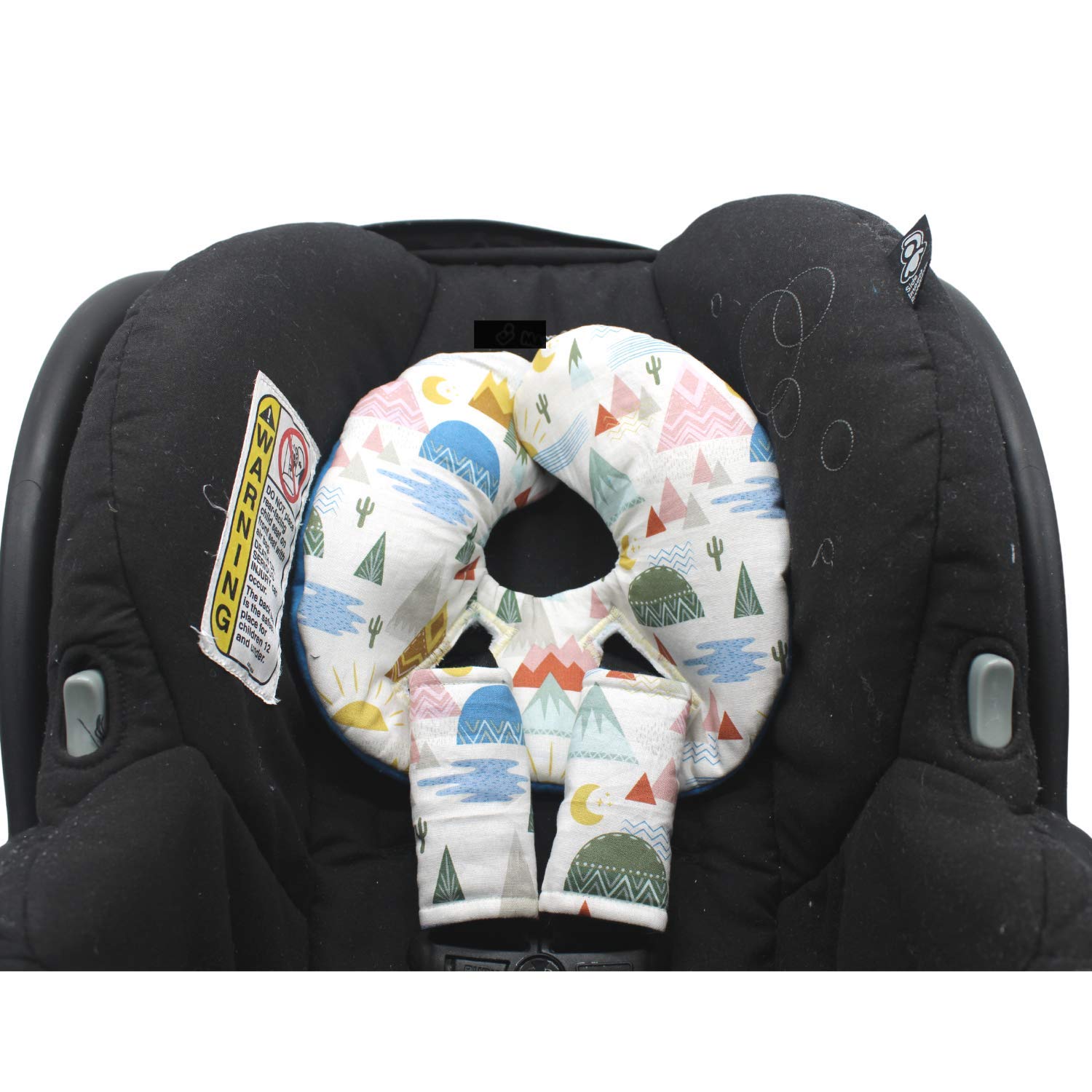 Infant Car Seat Head Support Set, White Mountain Print, Newborn Head Rest, Baby Strap Covers, Carry Cushion