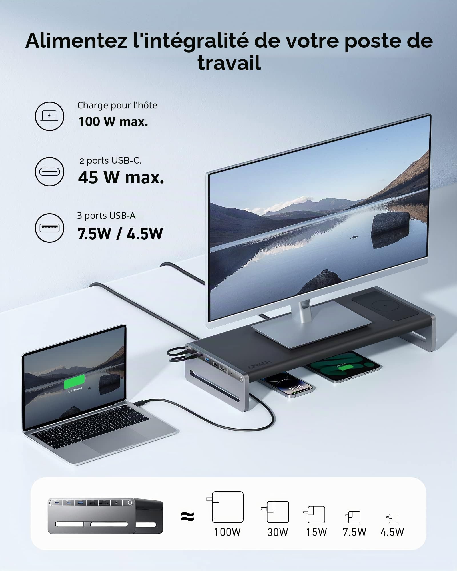 Anker 675 Docking Station (12-en-1, Support de Moniteur) avec Ports USB-C 10 Gbit/s, Affichage HDMI 4K à 60 Hz, Bloc de Charge sans Fil, Gris foncé.