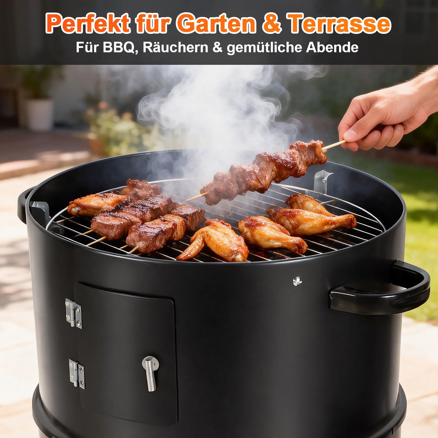 Horno para ahumar 3 en 1 para ahumar, barbacoa para ahumar, asar y cocinar, barbacoa de carbón vegetal con termómetro, tapa y asa, 2 niveles de diámetro 40 × 80 cm, para jardín, balcón y