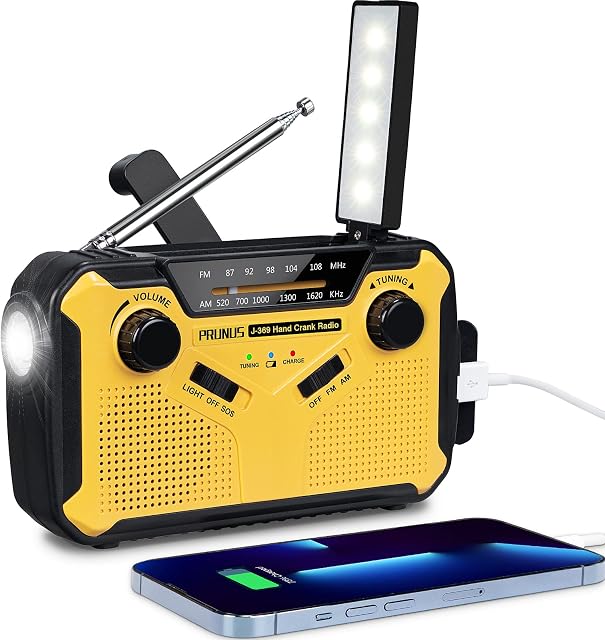 Wind Up Radios Portable, AM/FM Radio Solar, Battery Radio Hand Crank with 3000mAh Power Bank, Dynamo Radio with Torch, Reading Lamp and SOS Alarm for Camping, Hiking and Emergencies by PRUNUS J-369