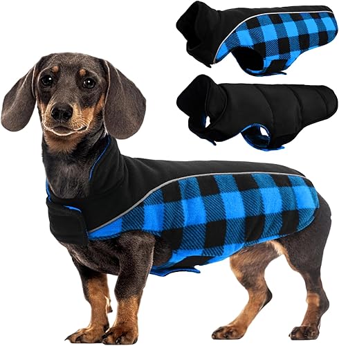 Miniatura 14 de Kuoser Dog Winter Coat, Reversible Waterproof Dog Jacket with Reflective Strip, Warm Dogs Fleece Vest Adjustable Doggy Cold Weather Clothes Plaid