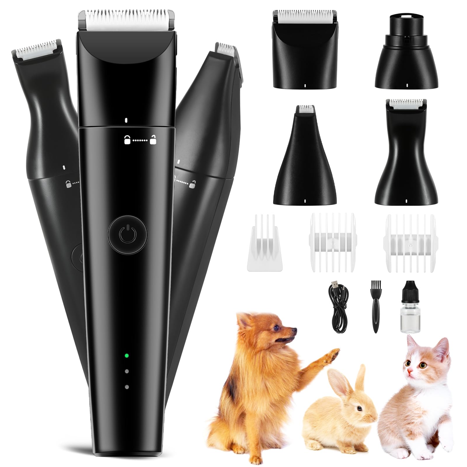 Bufccy 4 in 1 Dog Grooming Kit with USB-C Charging, Paw Trimmer for Small Dogs, Cats, Pet Hair Clippers Dog Nail Grinder, Cordless Hair Trimmer with 2