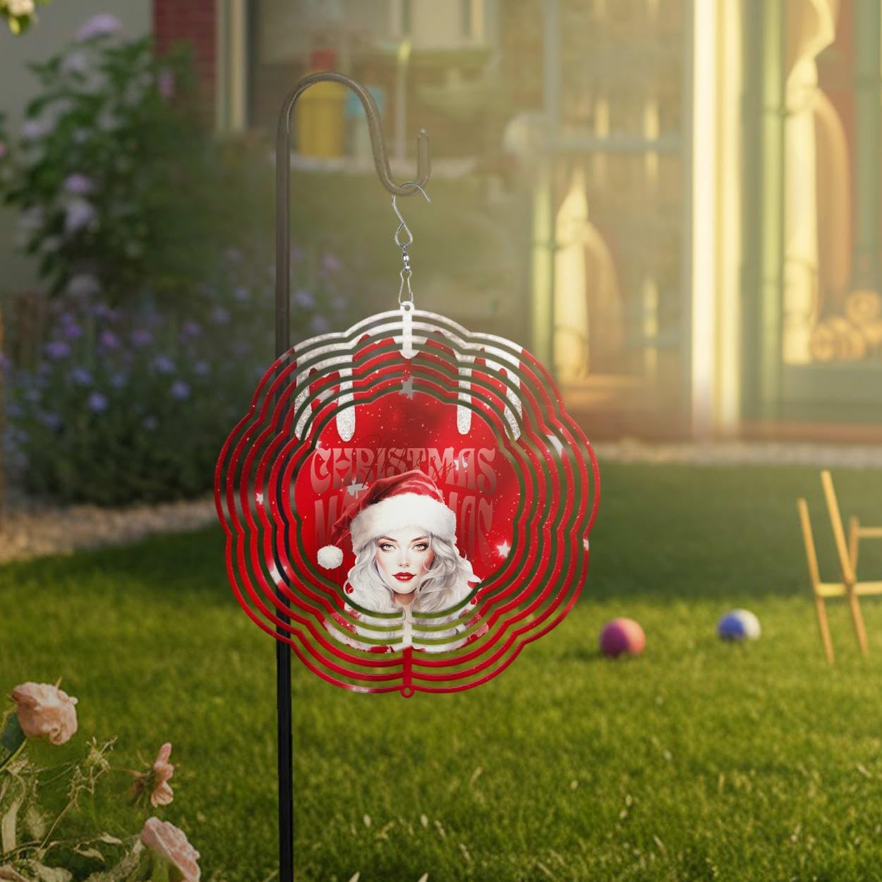 Beautiful Girl Merry Christmas Wind Spinners 3D Stainless Steel Laser Cut Metal Double Sided Printing-Hanging Indoor/Outdoor Decorations Yard Gardening Decor,Metal Kinetic Art 14x14 inches