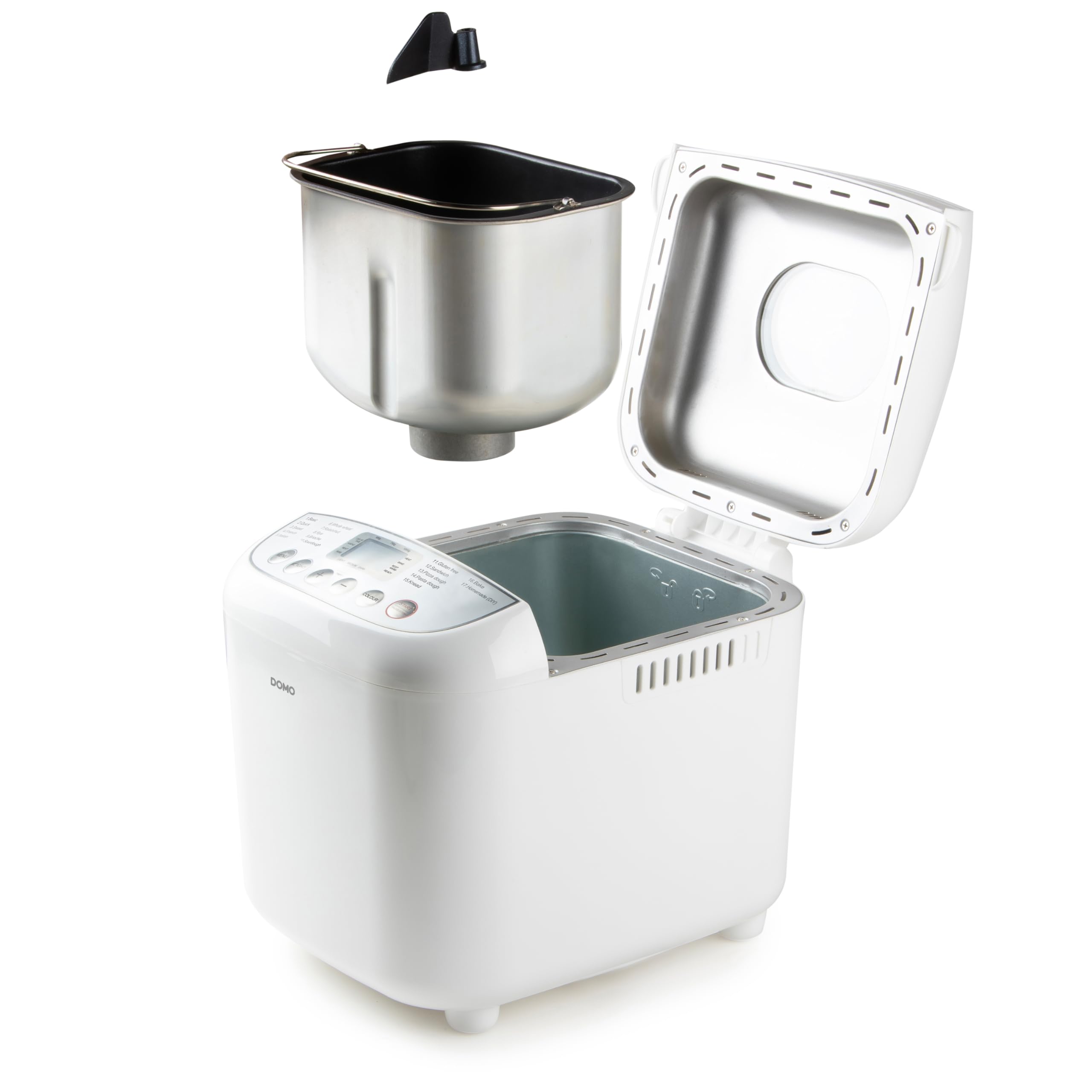 DOMO B3976 Machine à pain – 17 programmes de cuisson (dont Pizza et Sans gluten) – 3 tailles de pain (500 g, 750 g, 1000 g) – Sans PFAS – Avec minuterie – Écran LCD – Blanc