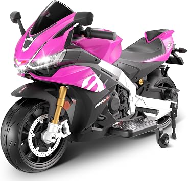 24V Kids Electric Motorcycle, Licensed Aprilia RSV4 with Removable Training Wheels & Kickstand, LED Lights, Music, USB, Ride on Motorcycle for Boys Girls, Pink