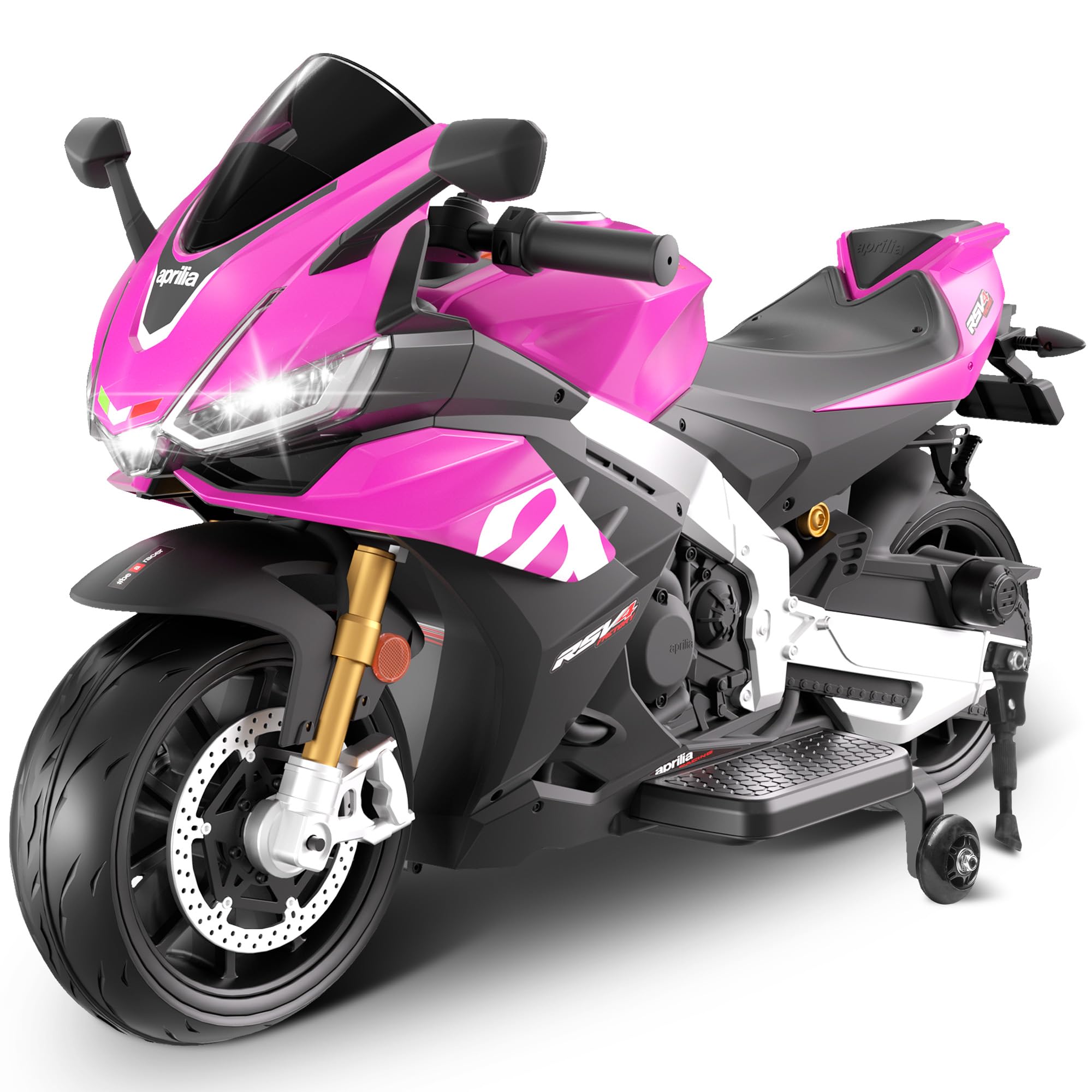 Letsgokid 24V Licensed Aprilia RSV4 Electric Motorcycle for Kids with Removable Training Wheels & Kickstand, 200W Motor, LED Lights, Music, Kids Ride