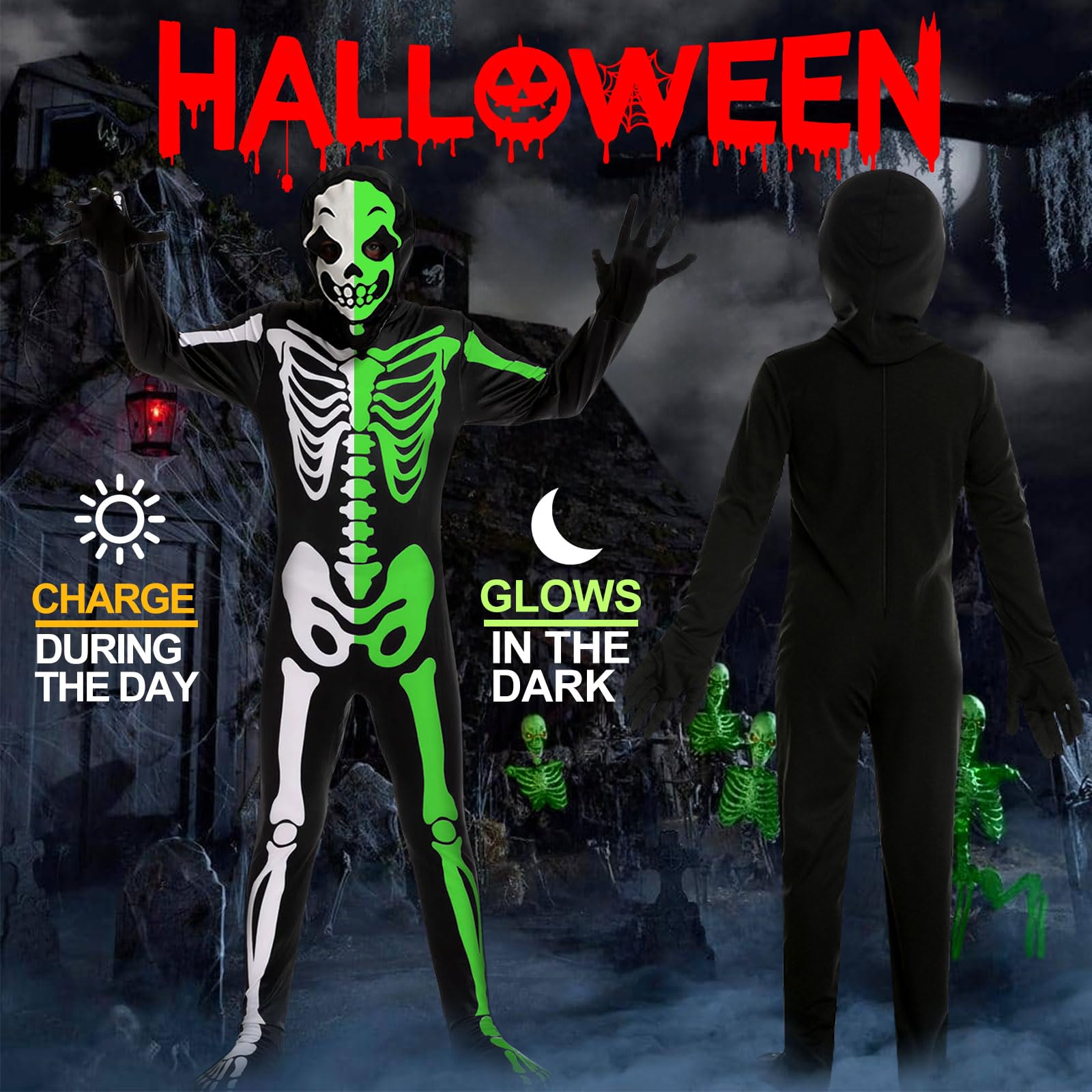 BITOWO Skeleton Costume Kids Boys Girls 3-4 Glow In The Dark with Light up Skull Figure Glove Mask Pumpkin Bag Scary Halloween Skeleton Costume Outfit Onesie Fancy Dress Kids Boys - Image 2