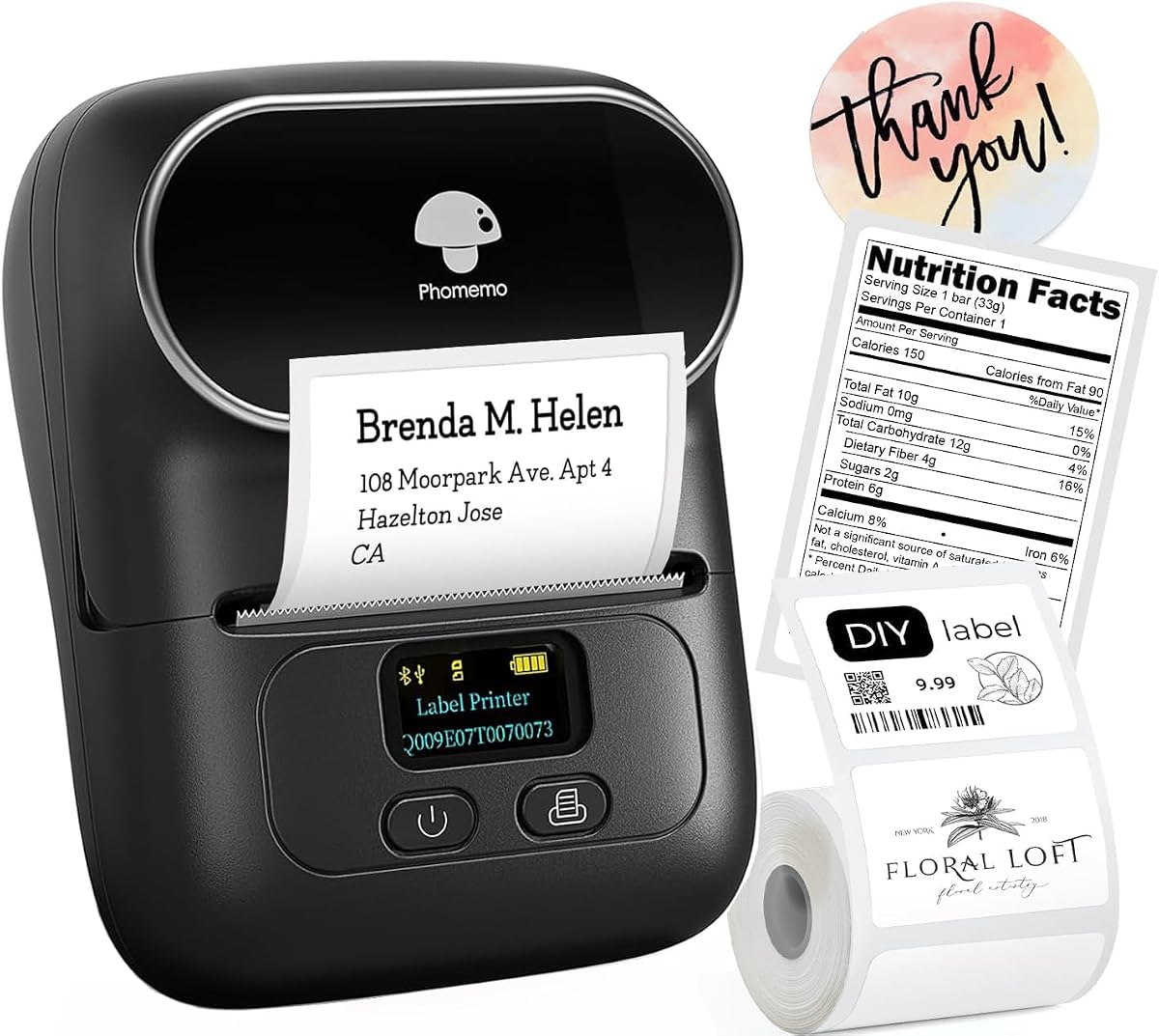 Máquina fabricante de etiquetas M110 - Impresora térmica de etiquetas de código de barras portátil | Impresora de direcciones Bluetooth Stcker Maker para pequeñas empresas, oficina, hogar, escuela, suministros, etiquetas de nombres para niños, negro ébano