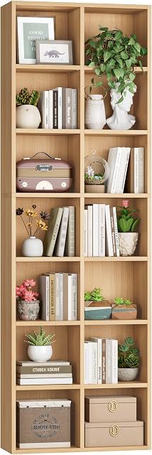 FOTOSOK 71'' Tall Bookshelf with 14 Cubes, 7 Tier Double Wide Wood Bookshelf with 6 Adjustable Shelves, 19.6" Narrow Bookcase DVD/CD Media Storage, Space Saving Display Shelf Cabinet, Natural