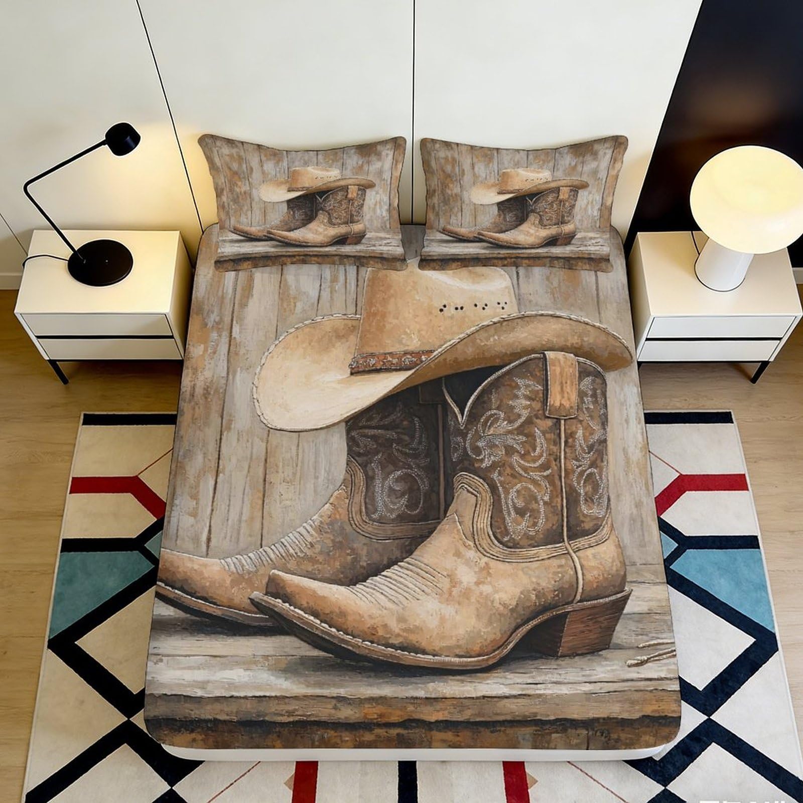 3D Printed Western Cowboy Boots Fitted Sheet Microfiber Soft Rustic Hat Bed Cover for Bedroom Guest Room Decor 90x200x25cm