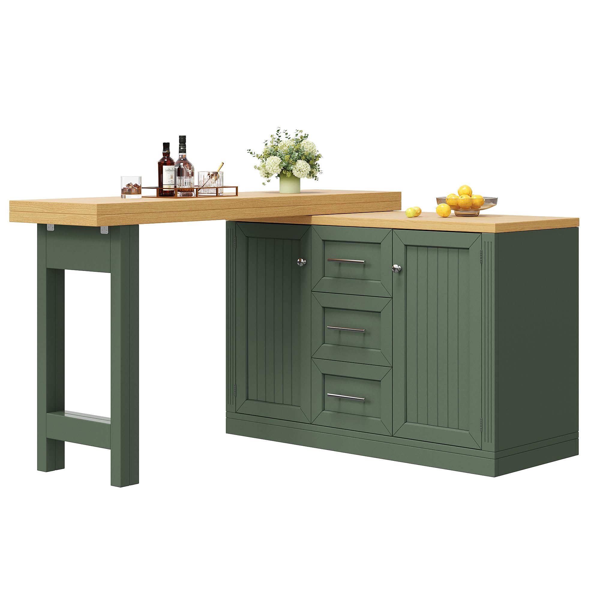 Isla de cocina multifuncional con mesa de comedor extensible, encimera convertible, placas ajustables 360°, estante para aperitivos, cierre magnético, cajón grande, diseño moderno, verde