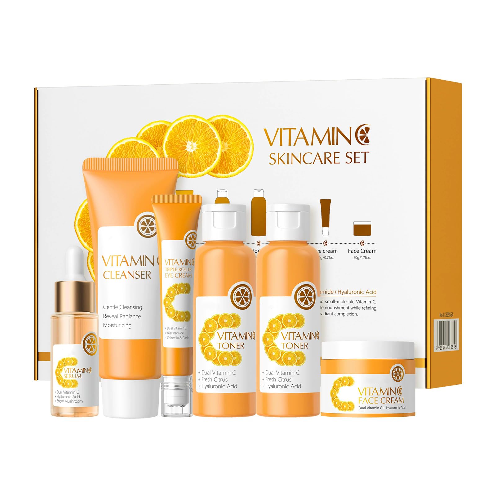 New Irven Set idratante per la cura della pelle, 6 pezzi, con vitamina C e niacinamide, kit per la cura quotidiana del viso per tutti i tipi di pelle, include tonico, siero, detergente, crema viso