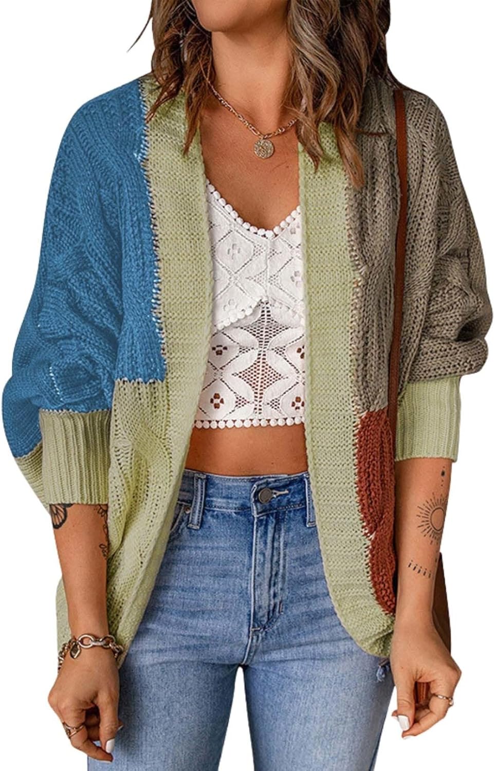 Womens Colorblocking Cardigan Feel Cozy Thick Knit Sweater Keep Warm and Fashionabl...