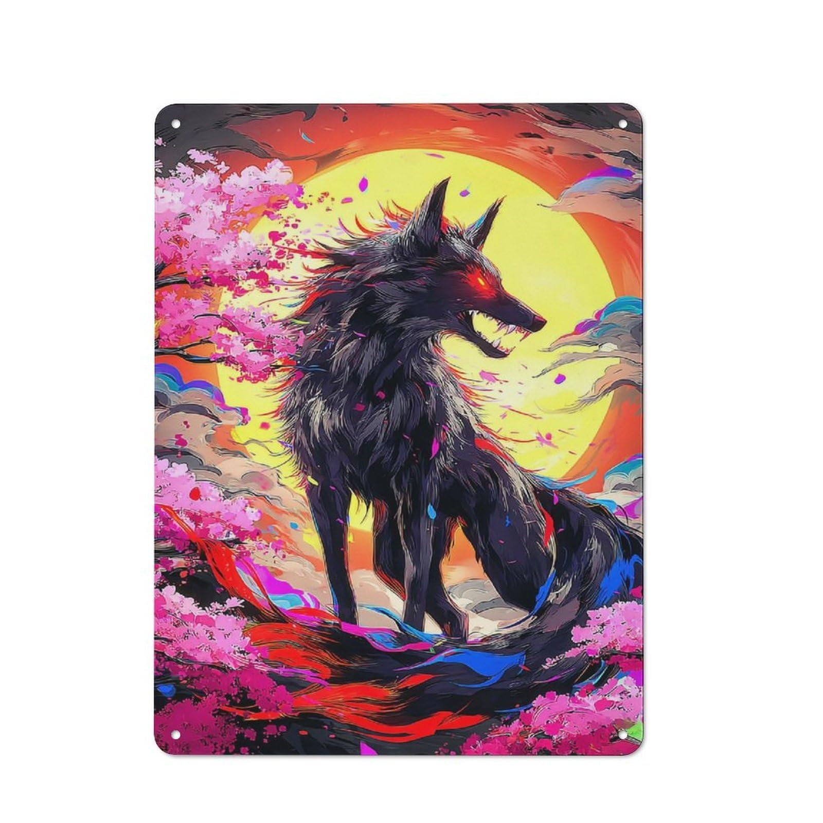 Vintage Fiery Wolf Amidst Cherry Blossoms Bistro Metal Sign 40x30cm, Bistro Wall Plaque for Takeaway, Bar, Kitchen Or Counter Area
