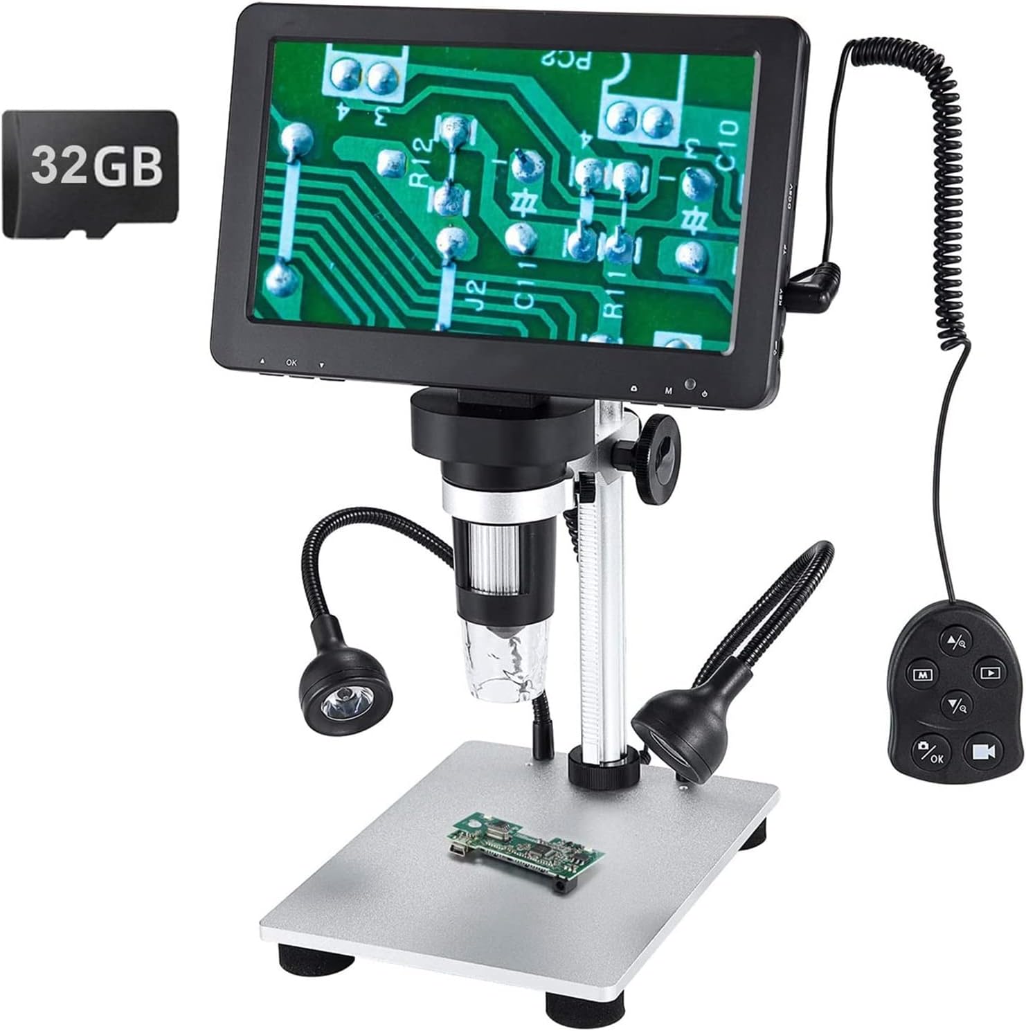 Microscopio 7 Pulgadas LCD 12MP 1-1200X Microscopio USB Cámara de Aumento Grabadora de Video Control Remoto con Cable con Tarjeta 32G TF para Laboratorio Escolar Educación en el hogar