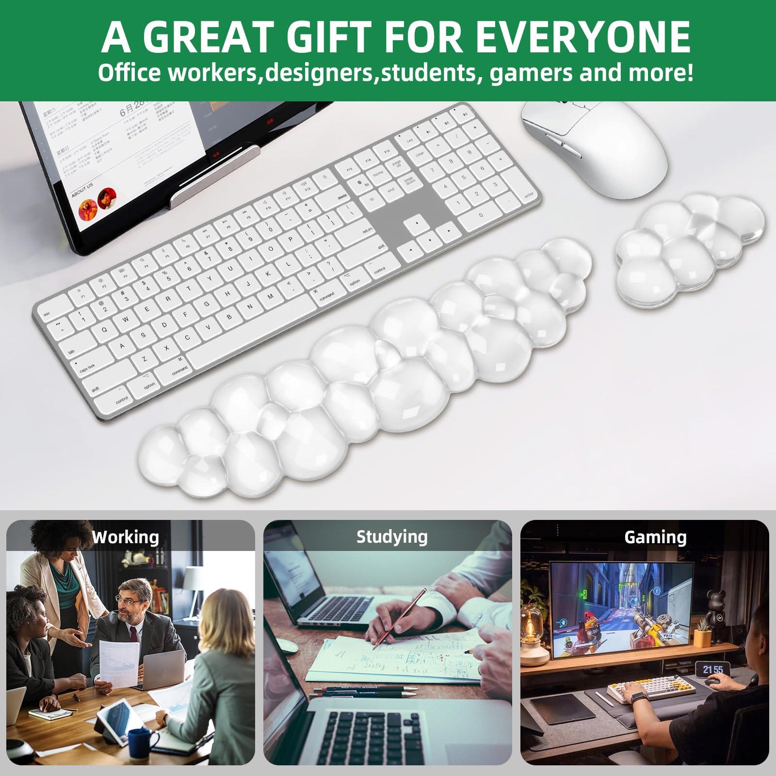 Gel Cloud, set di poggiapolsi per tastiera e mouse, grazioso supporto ergonomico per polso e supporto per braccio, per alleviare il dolore, adatto per ufficio, computer, laptop, gaming (set bianco