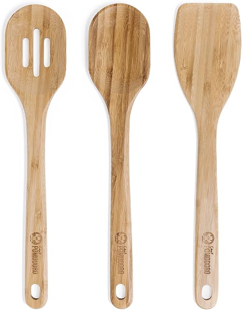 Chef Pomodoro Wooden Cooking Utensils 3-Piece Set, Bamboo | Large 31 cm / 12.5-Inch Spatula, Spoon, Slotted Spoon | Pan Kitchen Frying Set