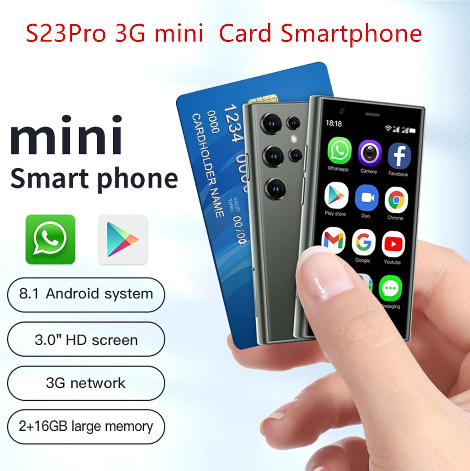 S23Pro 3G Mini Smartphone 3.0 Inch WiFi GPS RAM 2GB ROM 16GB MTK6580 Quad Core Android 8.1 WCDMA Cell Phones Slim Body HD Camera Dual Sim Cute Palm Smartphone (Green) image 2