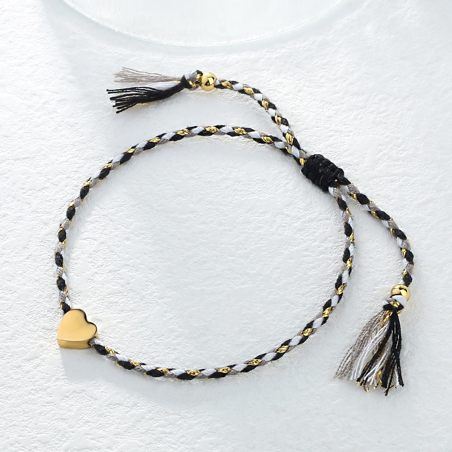 KELITCH Gold Heart Strand Bracelets Handmade Braided String Rope Bracelets Adjustable Bracelets (Black White 15D)