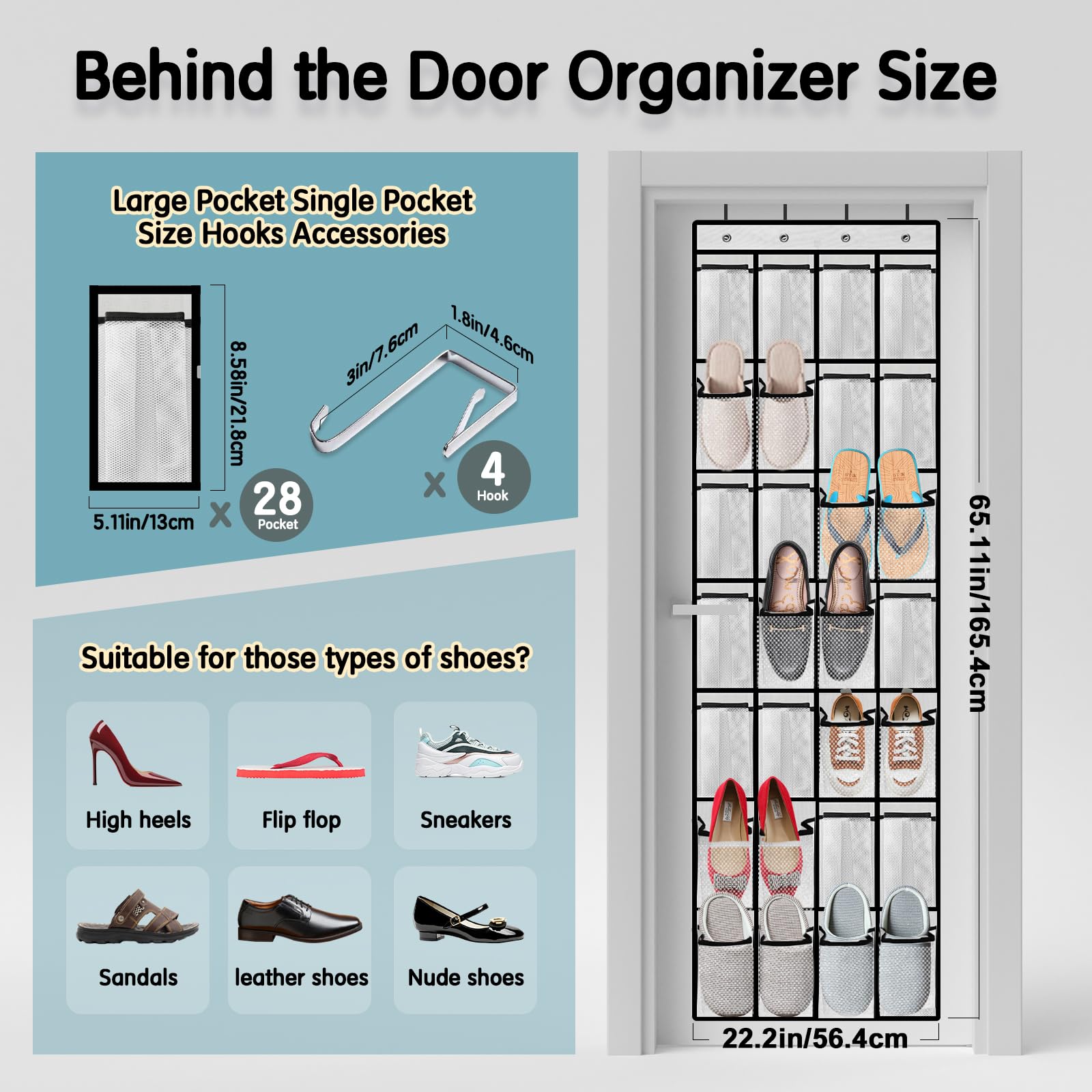 Schuh-Organizer mit 28 Fächern, atmungsaktive Netztasche zum Aufhängen an der Tür, Schuh-Organizer, großer Schuh-Organizer für Herren und Damen, zum Aufhängen über der Tür, Schuh-Organizer (weiß)