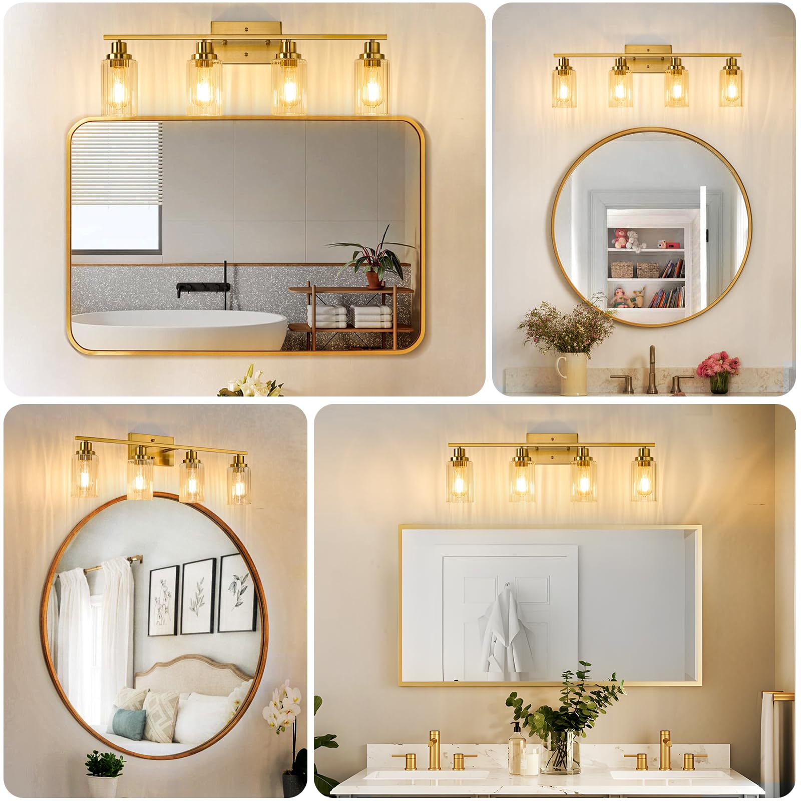 LOUSACE Bathroom Light Fixtures Black And Gold, 4 Light Bathroom Vanity Light, Modern Bathroom Light Over Mirror With Clear Glass Shades, Brushed Gold Socket Wall Vanity Lighting Fixtures For Bathroom - View #2
