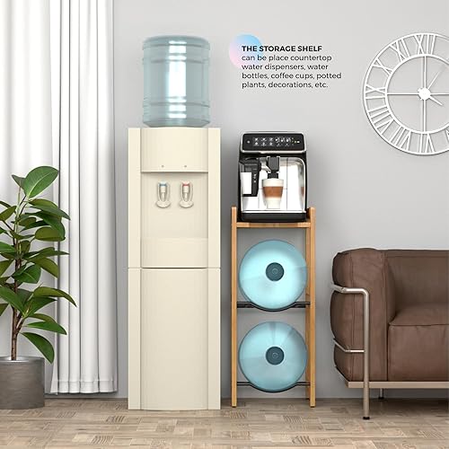 Miniatura 6 de Soporte para jarra de agua de 5 galones con estantes superiores, soporte dispensador de agua de madera maciza natural de 31 pulgadas de alto,