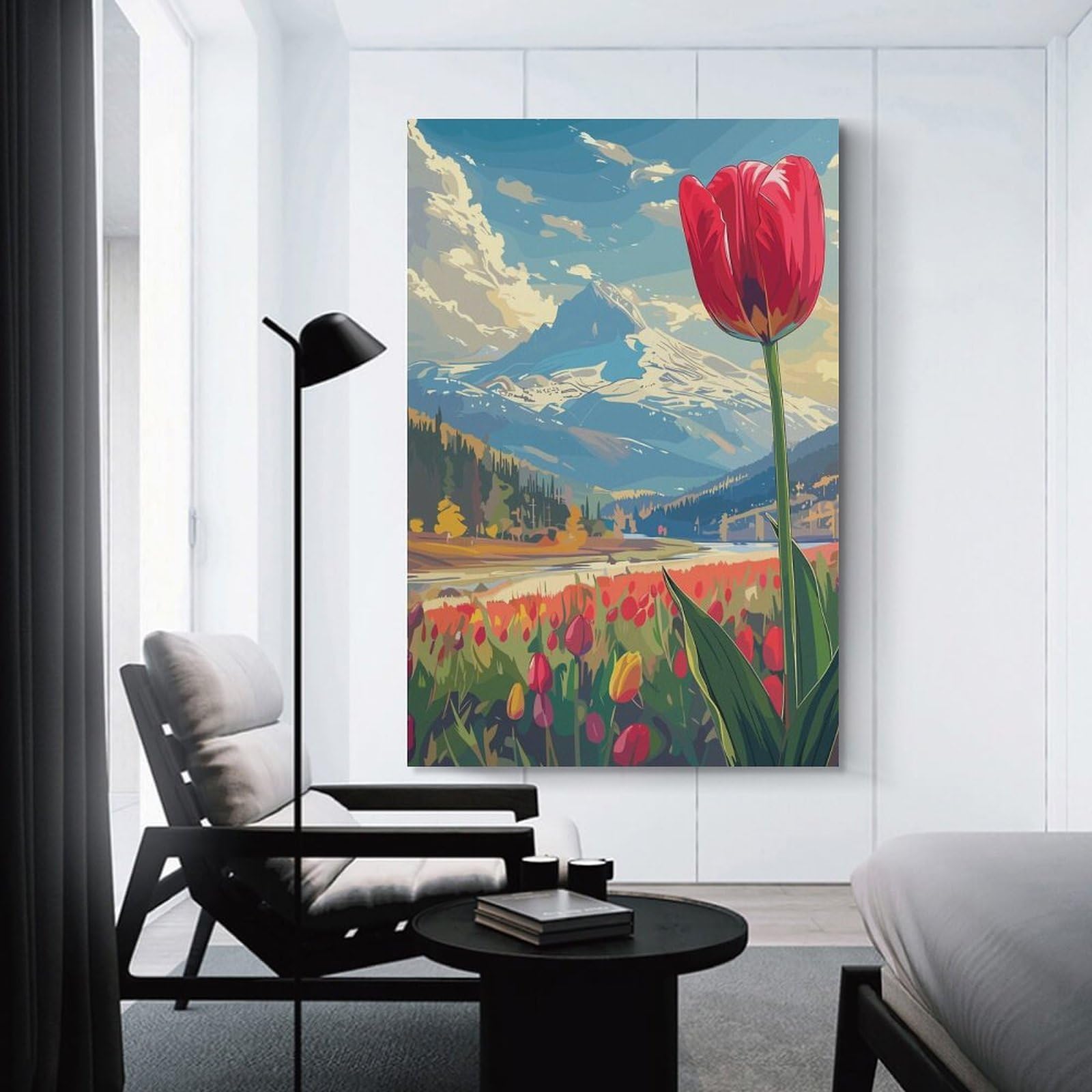 Junmoney Wall Picture Print Mountain View with Tulips, 20x30inch(50x75cm), for Workspace Walls, Study Corners Or Bedrooms, A Smart Decor Choice for Study Walls