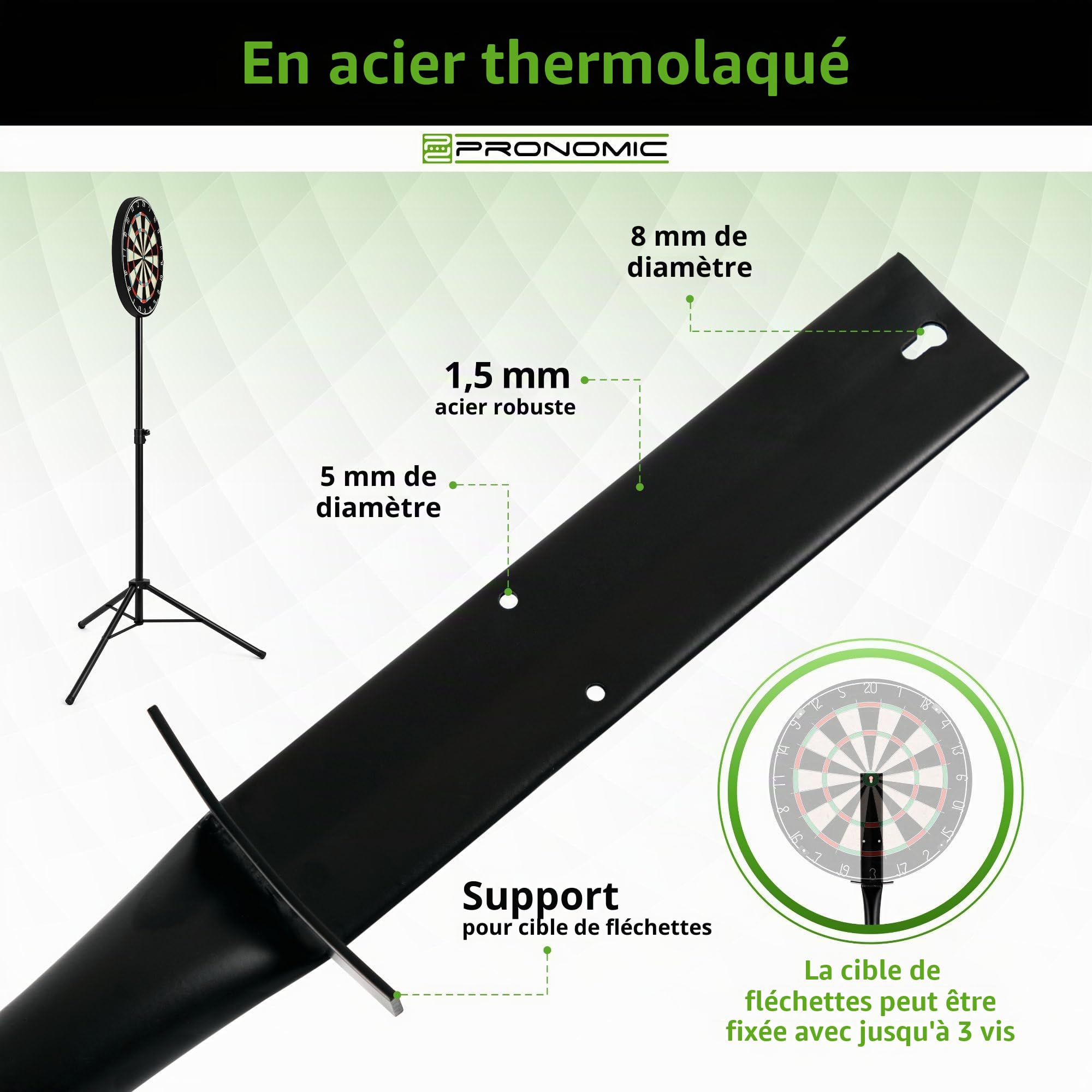 Pronomic DA-45S Support pour cible de fléchettes (support de cible, support de fléchettes en acier revêtu par pulvérisation, hauteur réglable en continu, sac)