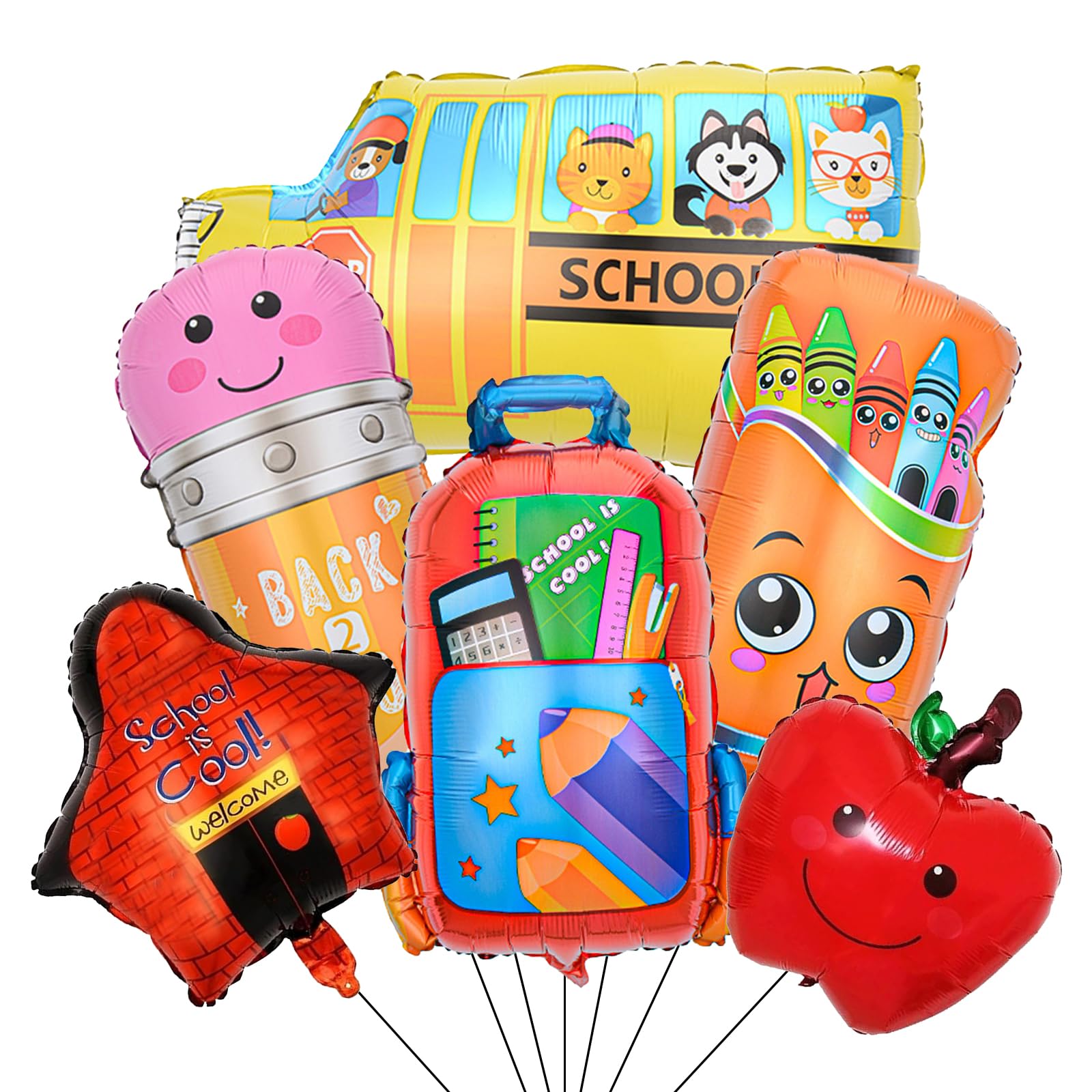 6 Pcs Back to School Balloons, School Bus Balloon, Colorful Schoolbag Pencil Foil Balloons for Classroom Decorations First Day of Kindergarten Decorations (School02)
