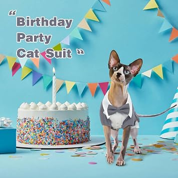 DENTRUN Cat Tuxedo Suit with Two Bow Tie, Stylish Cat Shirt Formal Outfit, Hairless Cat Fashion Apparel Fancy Clothes, Kitten Formal Attire Wedding Onesie Costume for Cats Only