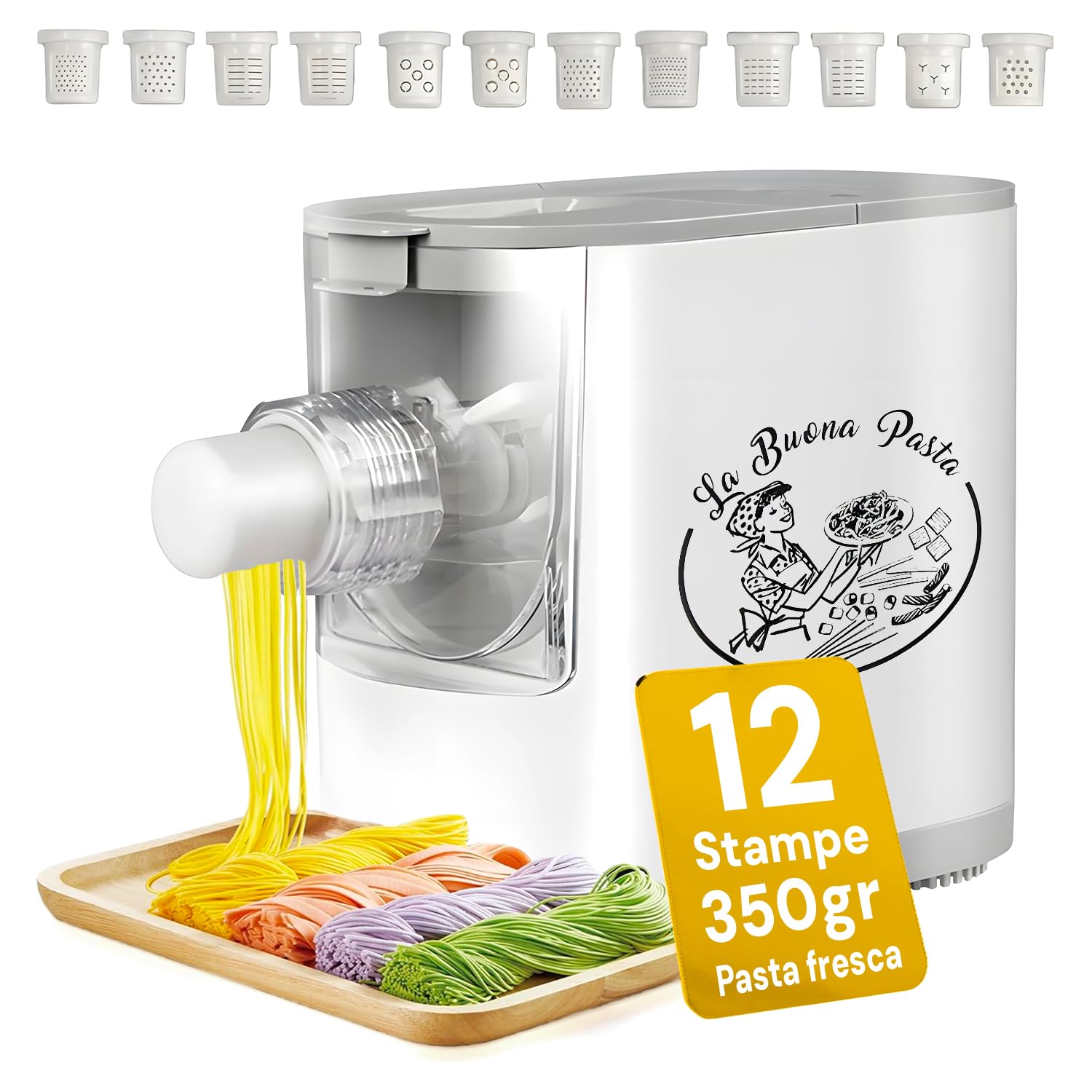 Avilia Macchina per Pasta Elettrica 200W con 12 Stampe per Vari Formati - Impasto Rapido 3 Min, Pasta Pronta in 10 Min - Capacità 350g in omaggio raschietto per la pulizia -
